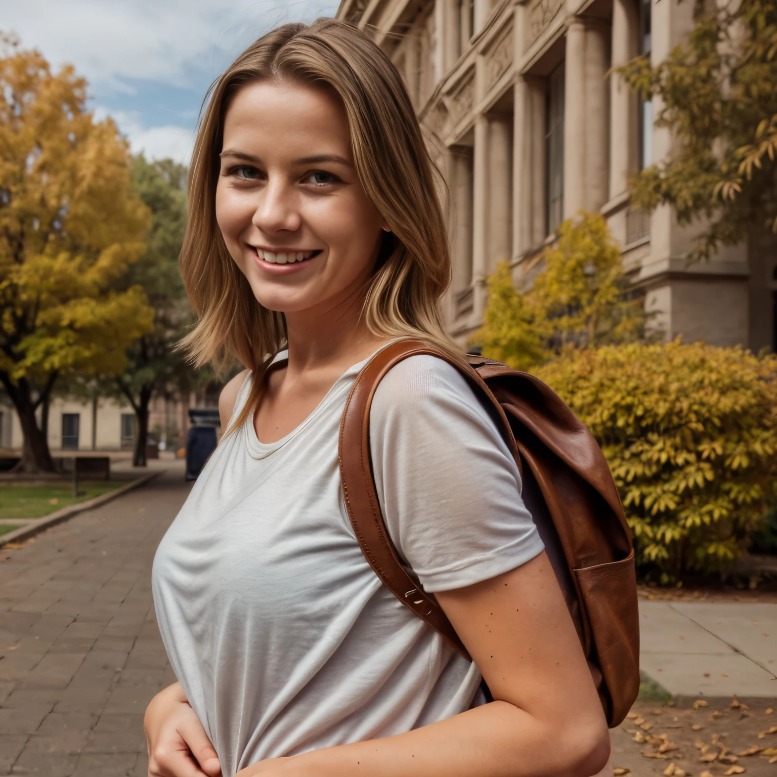 photo realistic portrait of a beautiful 27 years old mature woman LaGermania with blonde hair and blue eyes, cute and innocent. Clothed with classy brown autumn leather jacker and wearing a backpack in front of an old looking University of California in the background. laughing and not looking at the camera
