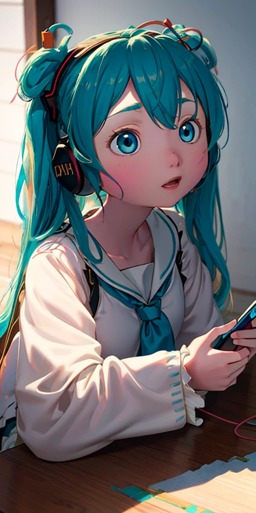 masutepiece, Best Quality, (Very detailed CG Unity 8K wallpaper) (Best Quality), (Best Illustration), (Best Shadows), Miku Nakano, Miku, Brown hair, Blue eyes, headphones, uniform, Indoors, Beautiful detailed eyes