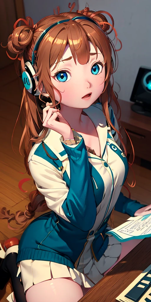 masutepiece, Best Quality, (Very detailed CG Unity 8K wallpaper) (Best Quality), (Best Illustration), (Best Shadows), Miku Nakano, Miku, Brown hair, Blue eyes, headphones, uniform, Indoors, Beautiful detailed eyes