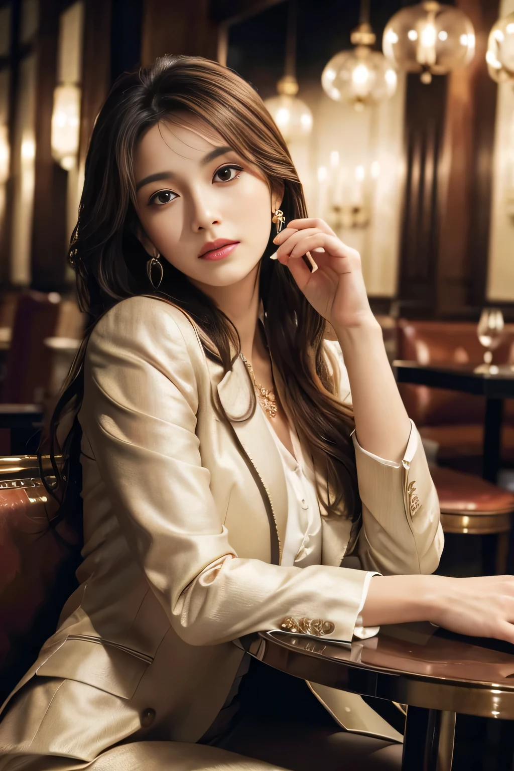 masterpiece, Highest quality, Realistic, Very detailed, Finer details, High resolution, 8k wallpaper, One beautiful woman, Wear a nice suit, In a great restaurant, At night, Light brown messy hair, Perfect dynamic composition, Beautiful and beautiful eyes、Big earrings、Sit on a chair、