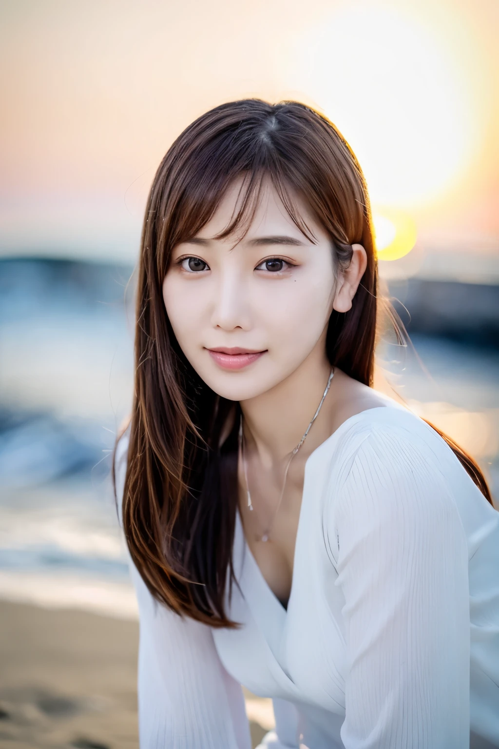 Create a high-quality, hyper-realistic portrait of a very beautiful Japanese idol. She is wearing a clean white summer dress and is squatting on the beach during sunset at sea. The deep indigo of the night sky contrasts with the last vestiges of crimson near the horizon, with swaying waves in the background. The girl has semi-long hair and a slender body with small breasts. The photo should capture her with detailed eyes, a detailed face, and a beautiful, sophisticated nose. The image should have a realistic, delicate, and finely detailed quality, suitable for a fashion magazine cover. Use cinema lighting and soft light to enhance her features. Ensure the photo is of the highest quality, with a resolution of 8K, making it perfect for a 2K wallpaper.