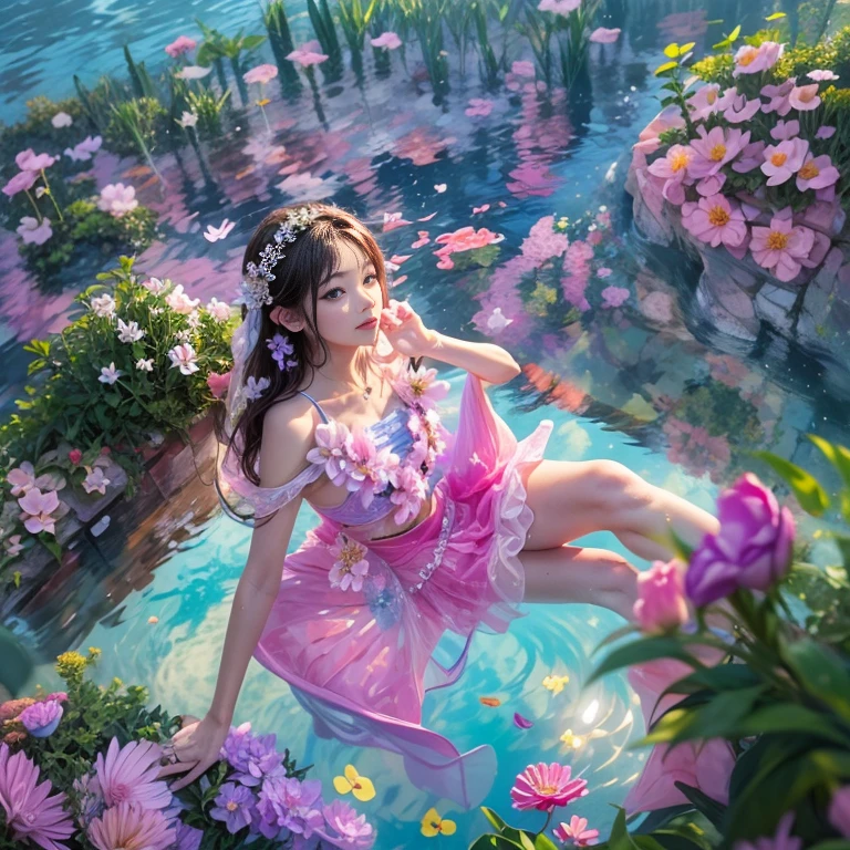 ExtremelyDetailed(ProfessionalPhoto of Girl Floating in the Sky:1.37), 280th floor infinity pool，The tallest building in the urban forest, {Around bonsai|Luo Han Song|coconut palms|tulips|Rose flower}, (Masterpiece 8K TopQuality:1.2),  (ExtremelyDetailed KAWAII face Eyes:1.28)ElaboratePupils with (SparklingHighlights:1.28) DoubleEyelids with Voluminous LongEyelashes RosyCheeks   BREAK   Detailed impeccable Radiant PearlSkin with Transparency, Skinny(SchoolSwimwear:1.28) beautiful graceful {(HiddenHand)|((Corrected BabyLikeHand))} (Whole Body Proportions and all limbs are Anatomically Accurate), (FlowerWreath WrappedBody Flowers Covering girl's body Full of Flowers){Dazzling RainbowColorHorizon|ColorfulSky|ColorfulClouds|Starly Stars}(extra limbs:-1.4)