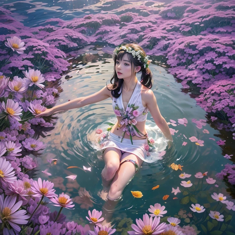 ExtremelyDetailed(ProfessionalPhoto of Girl Floating in the Sky:1.37), 280th floor infinity pool，The tallest building in the urban forest, {Around bonsai|Luo Han Song|coconut palms|tulips|Rose flower}, (Masterpiece 8K TopQuality:1.2),  (ExtremelyDetailed KAWAII face Eyes:1.28)ElaboratePupils with (SparklingHighlights:1.28) DoubleEyelids with Voluminous LongEyelashes RosyCheeks   BREAK   Detailed impeccable Radiant PearlSkin with Transparency, Skinny(SchoolSwimwear:1.28) beautiful graceful {(HiddenHand)|((Corrected BabyLikeHand))} (Whole Body Proportions and all limbs are Anatomically Accurate), (FlowerWreath WrappedBody Flowers Covering girl's body Full of Flowers){Dazzling RainbowColorHorizon|ColorfulSky|ColorfulClouds|Starly Stars}(extra limbs:-1.4)