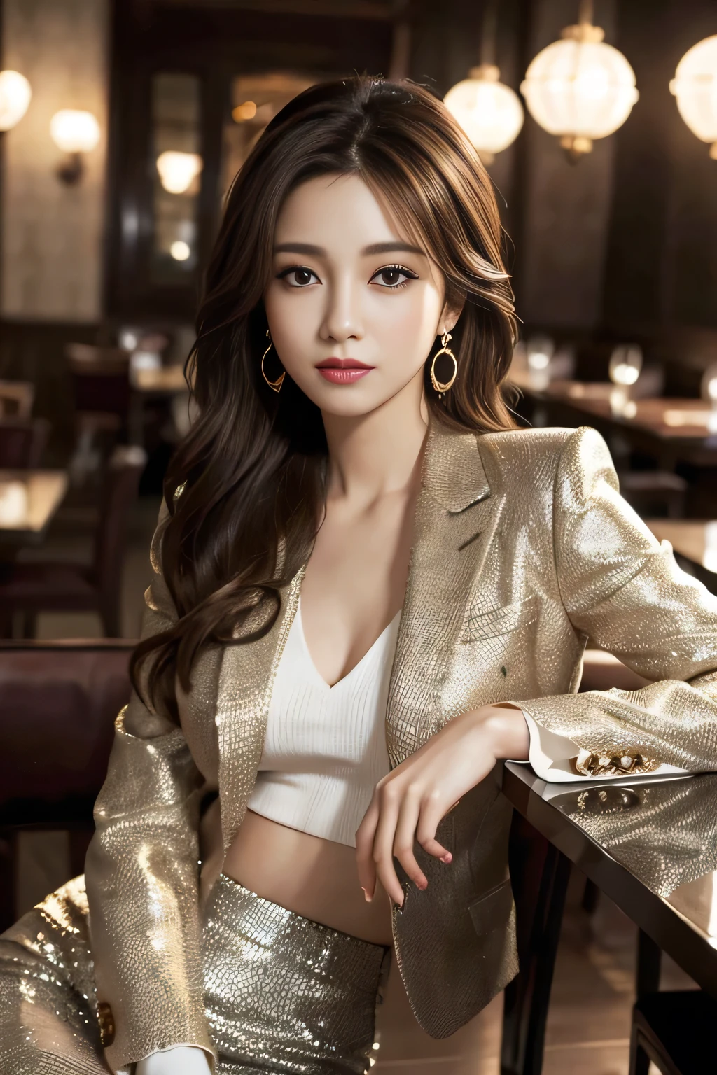masterpiece, Highest quality, Realistic, Very detailed, Finer details, High resolution, 8k wallpaper, One beautiful woman, Wear a nice suit, In a great restaurant, At night, Light brown messy hair, Perfect dynamic composition, Beautiful and beautiful eyes、Big earrings、Sit on a chair、