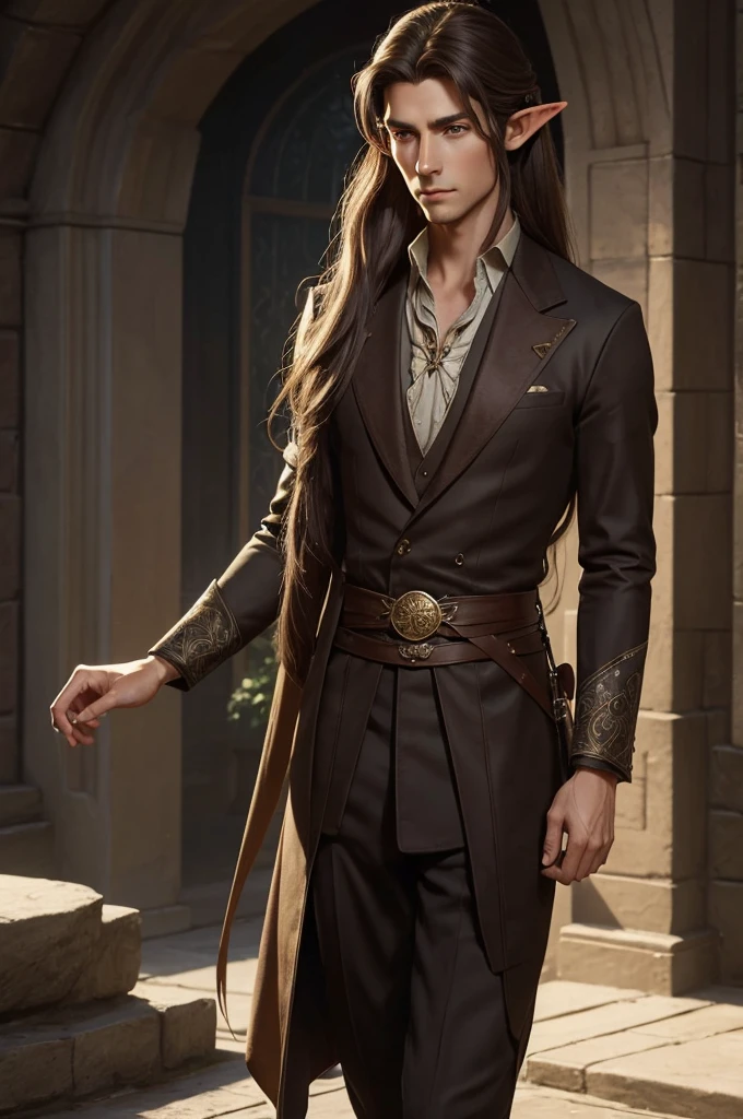 an elegant and personable half-elf, with a refined posture and delicate elven features inherited from his mother. His hair is long and brown, usually tied in a ponytail, and his eyes are a deep brown. He wears sophisticated clothes and always carries an air of mystery and knowledge. (digital art, fantasy art, RPG art)