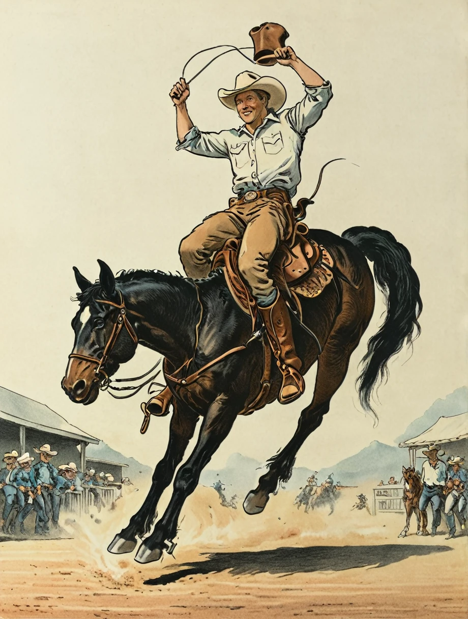 rodeo cowboy riding a horse with its legs up in the air, black and white, 2d