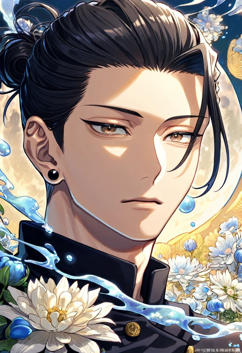 absurdres, highres, ultra detailed, HDR, master piece, Getou Suguru, black hair tied in a bun, expressive brown eyes, black shirt, black piercing, Jujutsu Kaisen, man, handsome, best quality, blue moon, flowers, fantasy, magical, solo, water, blue shining fireflies, blue petals, Jujutsu Kaisen uniform