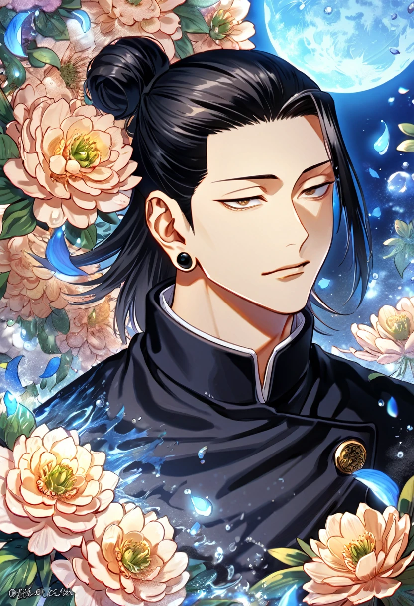 absurdres, highres, ultra detailed, HDR, master piece, Getou Suguru, black hair tied in a bun, expressive brown eyes, black shirt, black piercing, Jujutsu Kaisen, man, handsome, best quality, blue moon, flowers, fantasy, magical, solo, water, blue shining fireflies, blue petals, Jujutsu Kaisen uniform