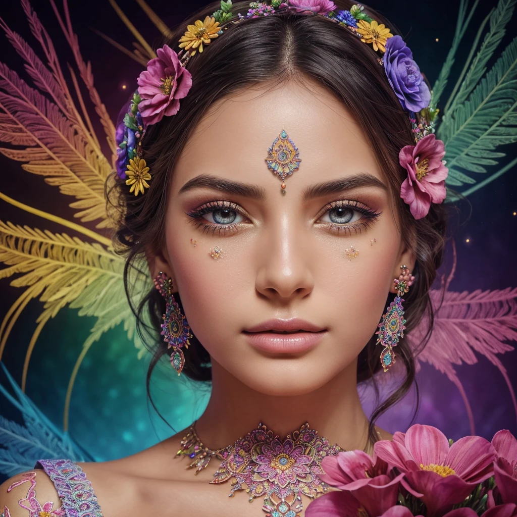 (official art, beautiful and aesthetic:1.2), (1girl:1.3), fractal art:1.1, colorful:1.1, flowers:1.3, highest detailed, zentangle:1.2, full body, abstract background:1.3, shiny skin, many colors:1.4, earrings, feathers:1.5, beautiful detailed eyes, beautiful detailed lips, extremely detailed eyes and face, long eyelashes, intricate details, vibrant colors, glowing skin, dynamic pose, magical atmosphere, dreamlike environment