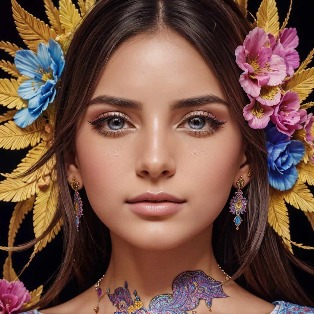 (official art, beautiful and aesthetic:1.2), (1girl:1.3), fractal art:1.1, colorful:1.1, flowers:1.3, highest detailed, zentangle:1.2, full body, abstract background:1.3, shiny skin, many colors:1.4, earrings, feathers:1.5, beautiful detailed eyes, beautiful detailed lips, extremely detailed eyes and face, long eyelashes, intricate details, vibrant colors, glowing skin, dynamic pose, magical atmosphere, dreamlike environment