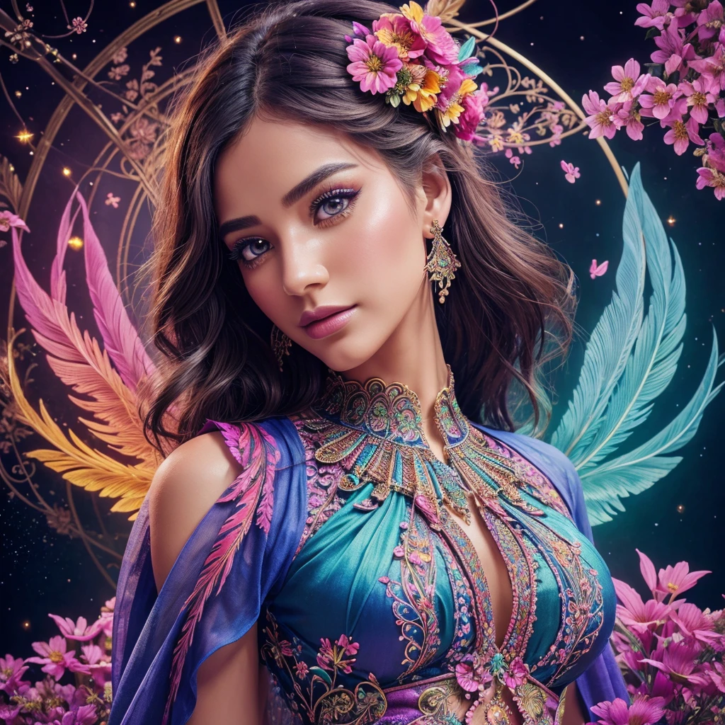 (official art, beautiful and aesthetic:1.2), (1girl:1.3), fractal art:1.1, colorful:1.1, flowers:1.3, highest detailed, zentangle:1.2, full body, abstract background:1.3, shiny skin, many colors:1.4, earrings, feathers:1.5, beautiful detailed eyes, beautiful detailed lips, extremely detailed eyes and face, long eyelashes, intricate details, vibrant colors, glowing skin, dynamic pose, magical atmosphere, dreamlike environment