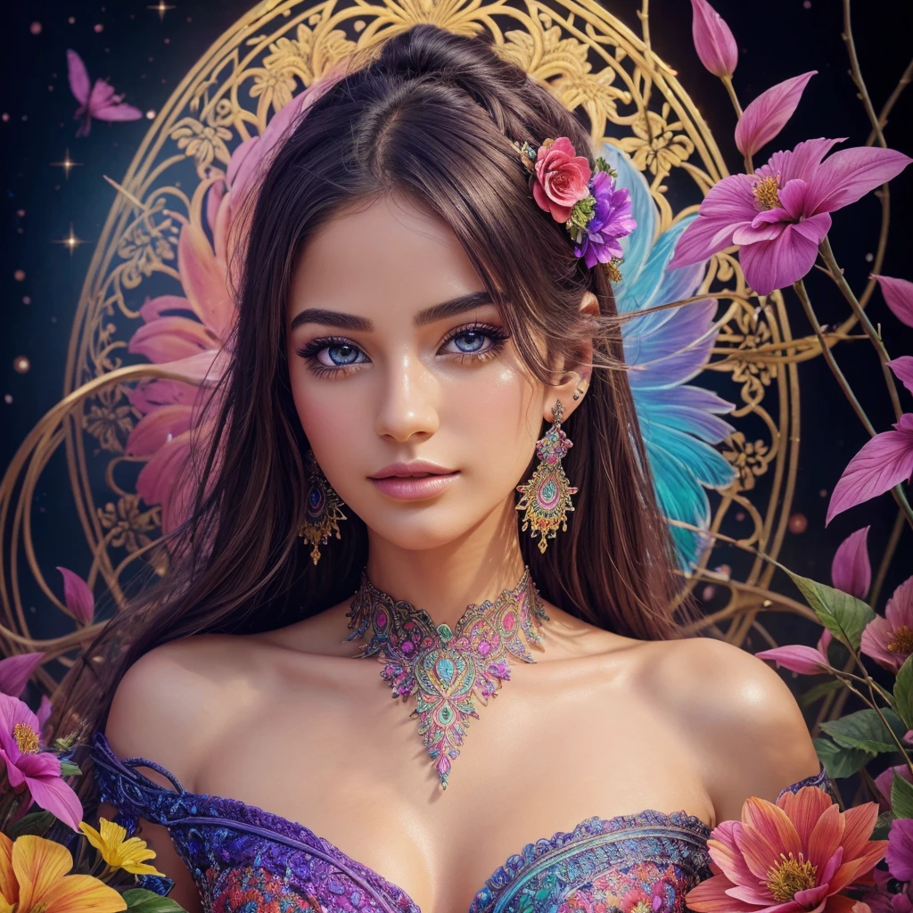 (official art, beautiful and aesthetic:1.2), (1girl:1.3), fractal art:1.1, colorful:1.1, flowers:1.3, highest detailed, zentangle:1.2, full body, abstract background:1.3, shiny skin, many colors:1.4, earrings, feathers:1.5, beautiful detailed eyes, beautiful detailed lips, extremely detailed eyes and face, long eyelashes, intricate details, vibrant colors, glowing skin, dynamic pose, magical atmosphere, dreamlike environment