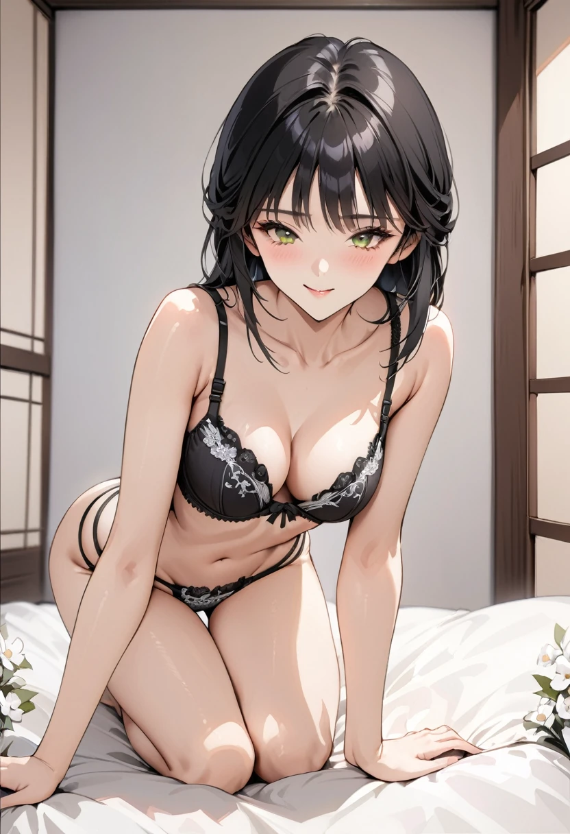 ((Top quality, masterpiece, freak, super resolution)), 1 girl, Japanese model,,Smooth black hair,Women wear (push-up bras) designed to provide adequate support and enhance the breasts. The bra has thin straps that hang over the shoulders. The base colour is black. The cups are embroidered with intricate white flowers, creating a beautiful contrast to the black fabric. Matching thong panties with thin side straps. The base colour of the panties is also black, with the same delicate white flower embroidery on the front and sides, creating a coherent design. The side straps of the panties also have the same embroidery. The striking contrast between black and white highlights the detailed embroidery and emphasises the elegant and sexy atmosphere of this set.
