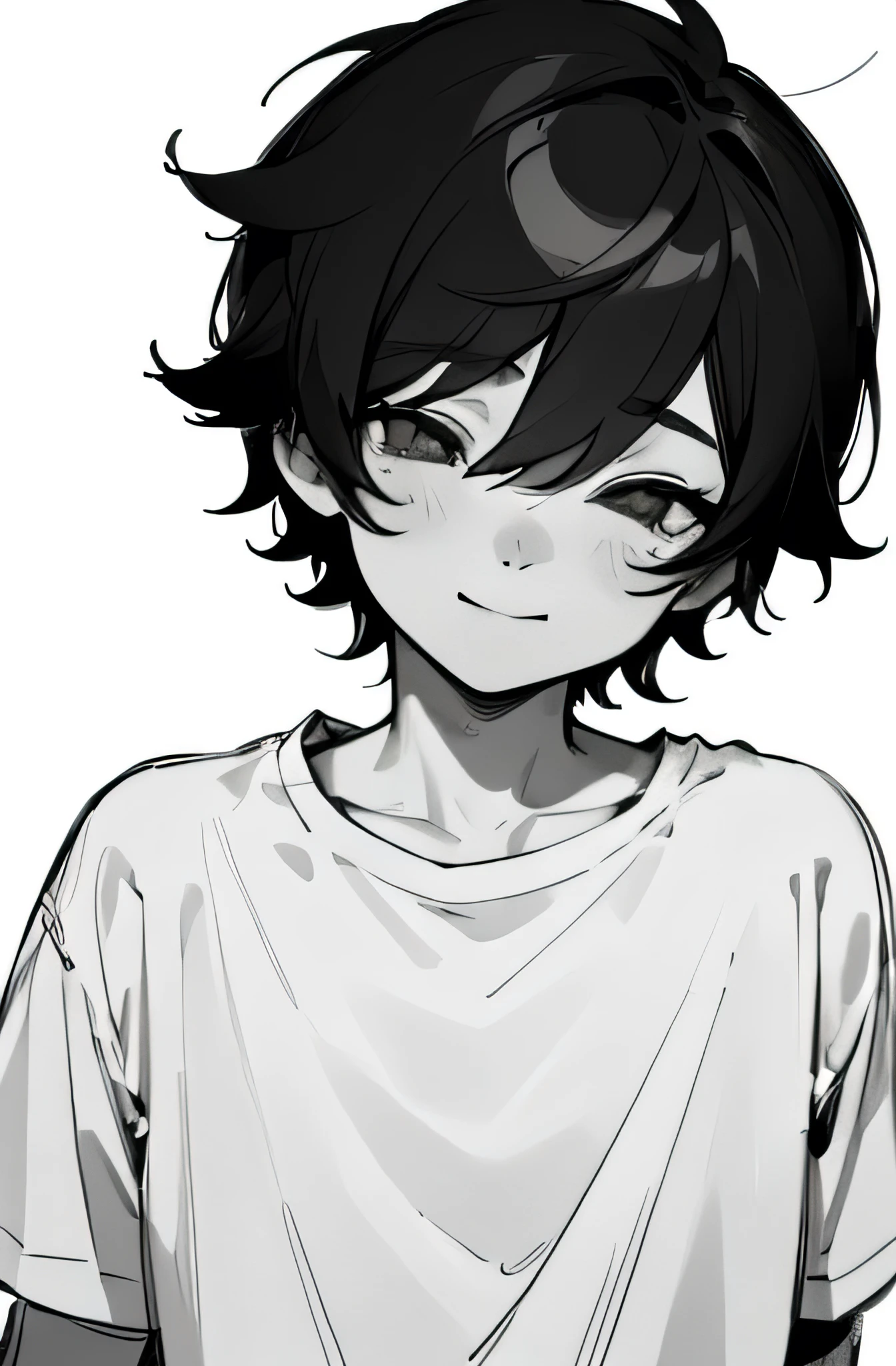,black short hair,sketch style,anime style,lineart,monochrome,black and white,light smile,blank eyes,empty eyes,T-shirt
