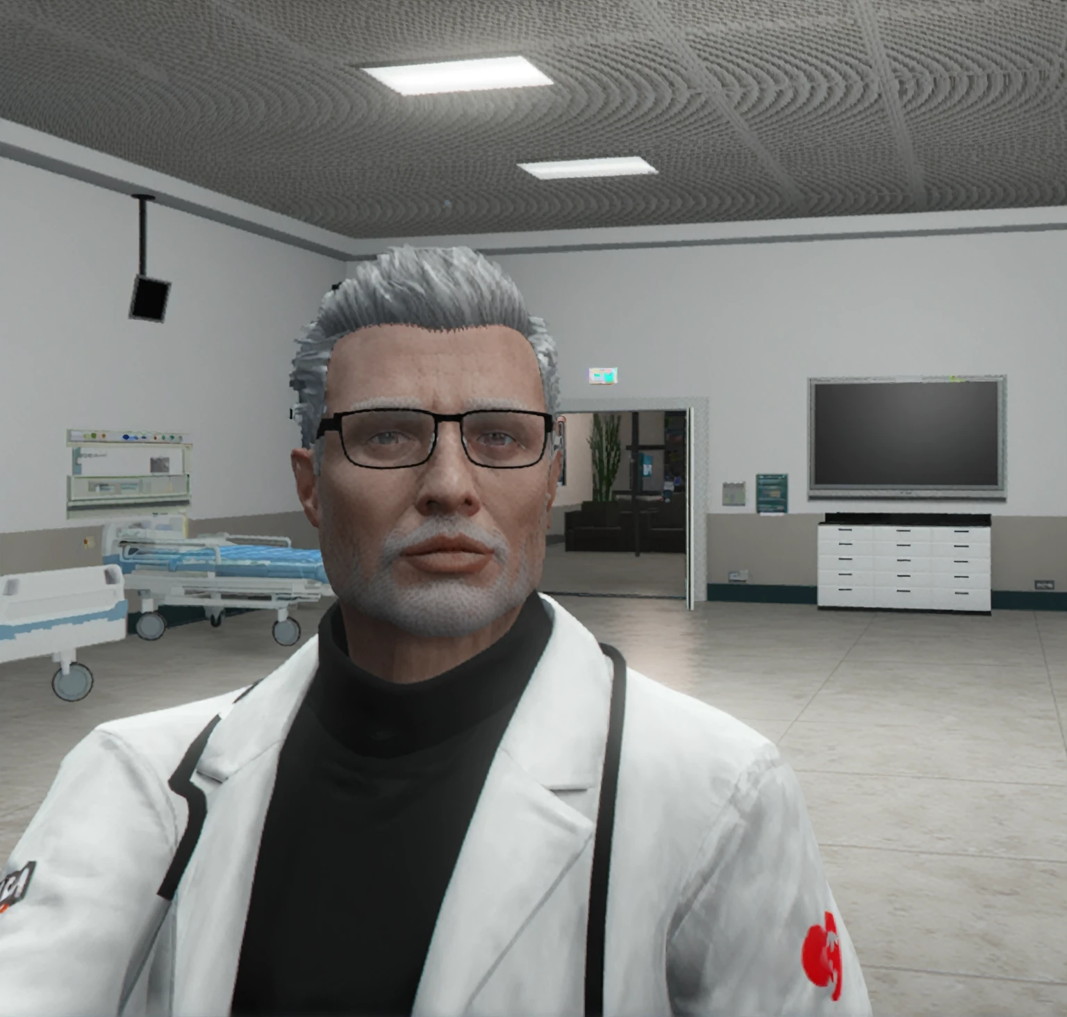 there is a man in a lab coat and glasses in a hospital, in-game, in-game, in-game, scary uncanny valley, Inspired by Doc Hammer, life simulator game screenshot, Doctor, doctor, wearing lab coat and glasses, rendered in arnold engine, Hospital em segundo plano, Video game screenshot 2020, Doctor masculino, photorealistic screenshot