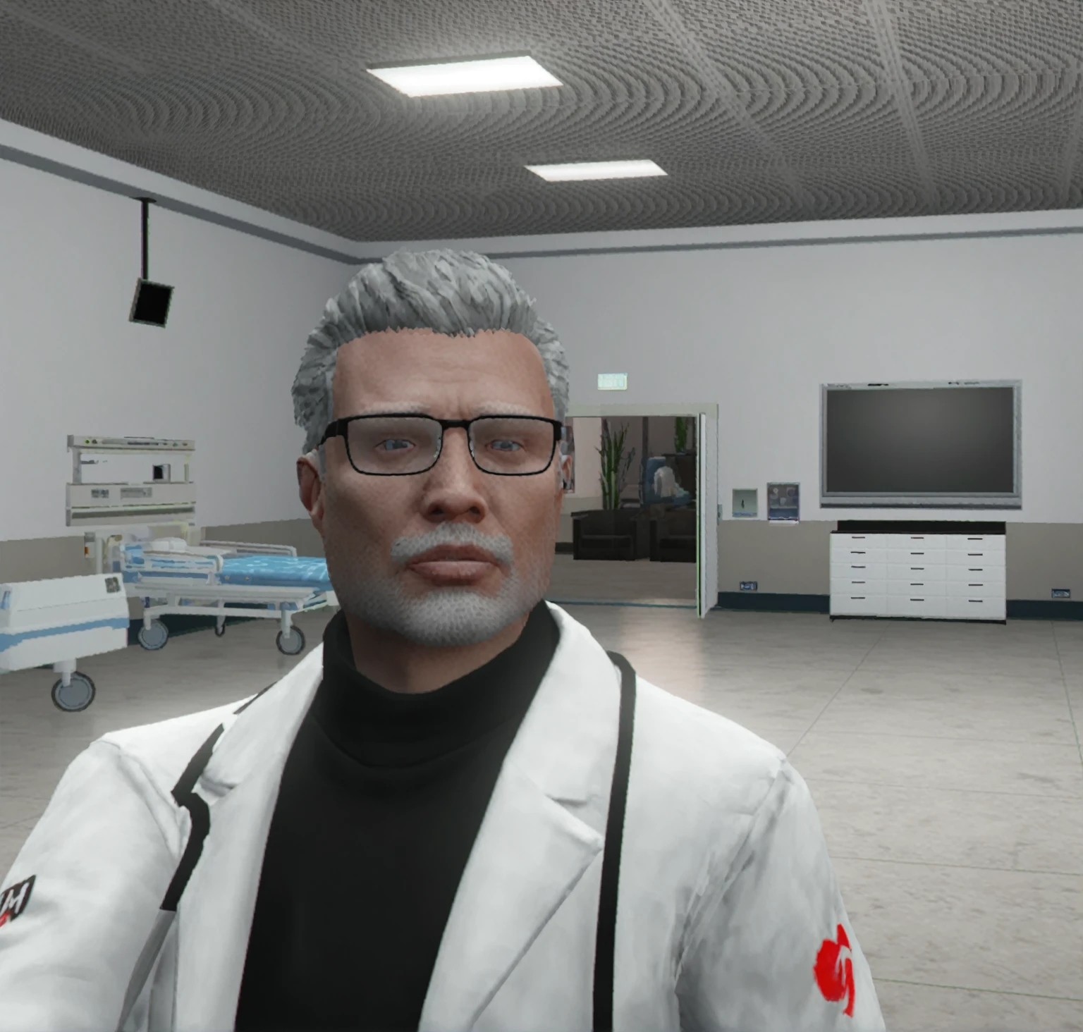 there is a man in a lab coat and glasses in a hospital, in-game, in-game, in-game, scary uncanny valley, Inspired by Doc Hammer, life simulator game screenshot, Doctor, doctor, wearing lab coat and glasses, rendered in arnold engine, Hospital em segundo plano, Video game screenshot 2020, Doctor masculino, photorealistic screenshot