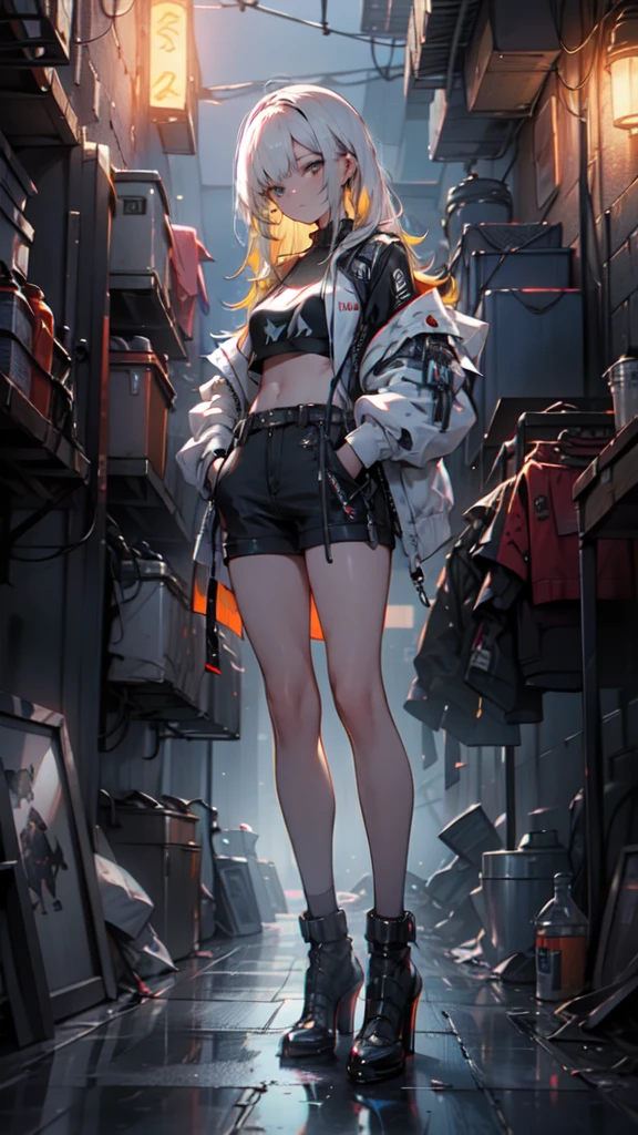 1 girl, long yellow hair , cyberpunk, Blue eyes, high heels, hand in pocket, Best Quality, 4k, 8k, high resolution, Masterpiece:1.2, ultra detailed, realist, photorealist, photo-realist:1.37, HDR, UHD, studio lighting, ultrafine paint, sharp focus, physically based rendering, extreme detailed description, professional, vivid colors, bokeh, cyberpunk, Science fiction, neon lights, dark atmosphere, dramatic lighting