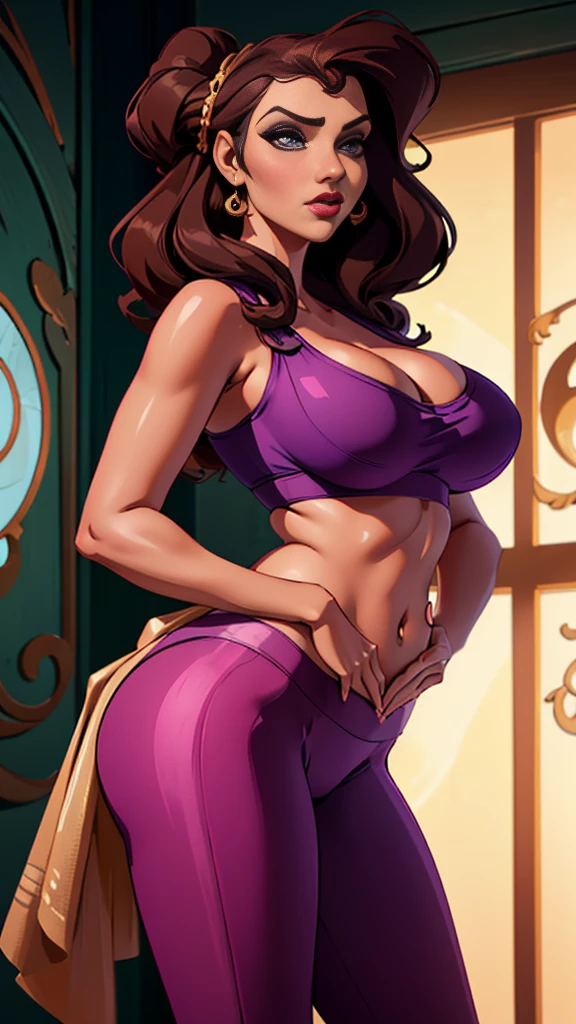 extremely delicate and beautiful, Amazing, finely detail, masterpiece, ultra-detailed, highres,best illustration, best shadow,intricate,sharp focus, high quality, Megara, Megara from Disney, solo, long brown hair, curvy, milf, (giant breasts), sexy body, genshin impact, sports bra, yoga pants, cutesexyrobutts style