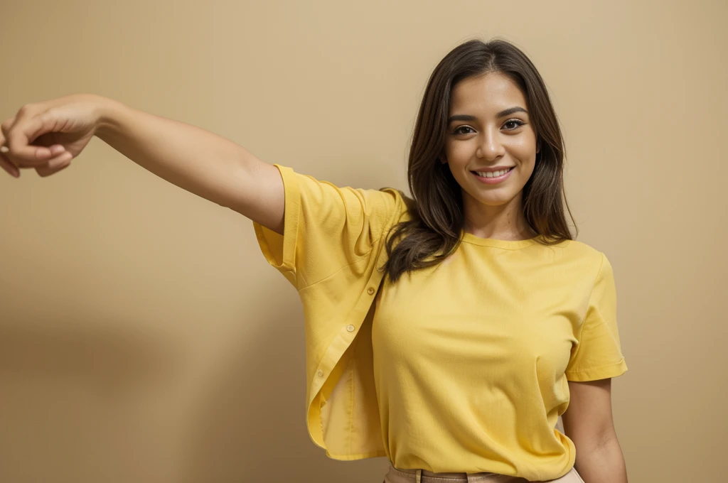 photo of a latin woman. photo for advertising, so the background of this photo is neutral. The woman points to her left and her expression is happy, she is very excited. Her clothes are a yellow blouse and black pants