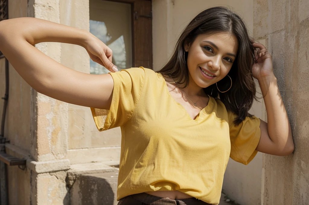 photo of a latin woman. photo for advertising, so the background of this photo is neutral. The woman points to her left and her expression is happy, she is very excited. Her clothes are a yellow blouse and black pants