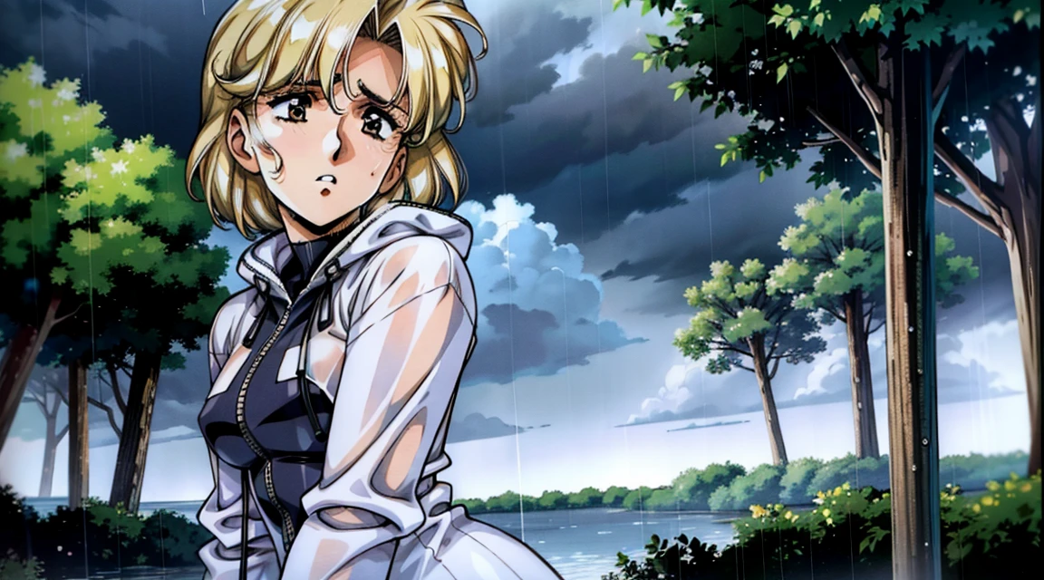 A realistic illustration of a female news reporter broadcasting in the middle of a typhoon. The scene shows the reporter holding a microphone and wearing a raincoat, struggling against strong winds and heavy rain. The background includes stormy skies, swaying trees, and floodwaters, capturing the intensity of the typhoon.