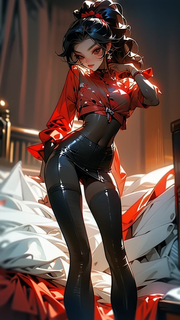 wavy black hair, piercing look with deep red eyes, average stature, Silky hair with a ponytail hairstyle collected with a red bow with two white lines, standing next to his bed , has a vagina, has breasts,NSFW, poses perverteds, lustful look, perverted, wearing a top, wearing a mini skirt, showing my ass to the camera, transparent lingerie panties , body