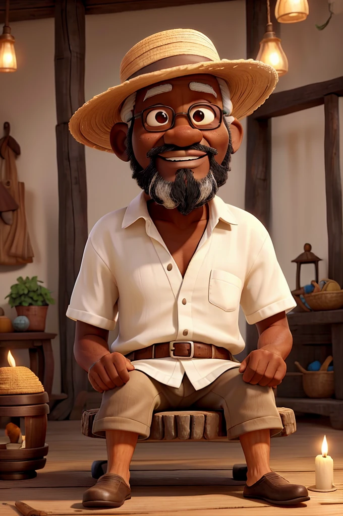 A black elderly man with white hair and a white beard, dressed in simple white clothes, sits on a tree stump. He wears a straw hat and holds a lit cigar in his right hand, with smoke wafting gently from it. His bare feet rest on the ground. A lit candle beside him adds a warm glow to the scene. The man is inside a simple room made of bamboo, evoking a rustic and serene atmosphere. The setting, reminiscent of the era of slavery, has a whimsical, Disney-style charm with soft, colorful hues and gentle lighting that enhances the simplicity and tranquility of the scene.