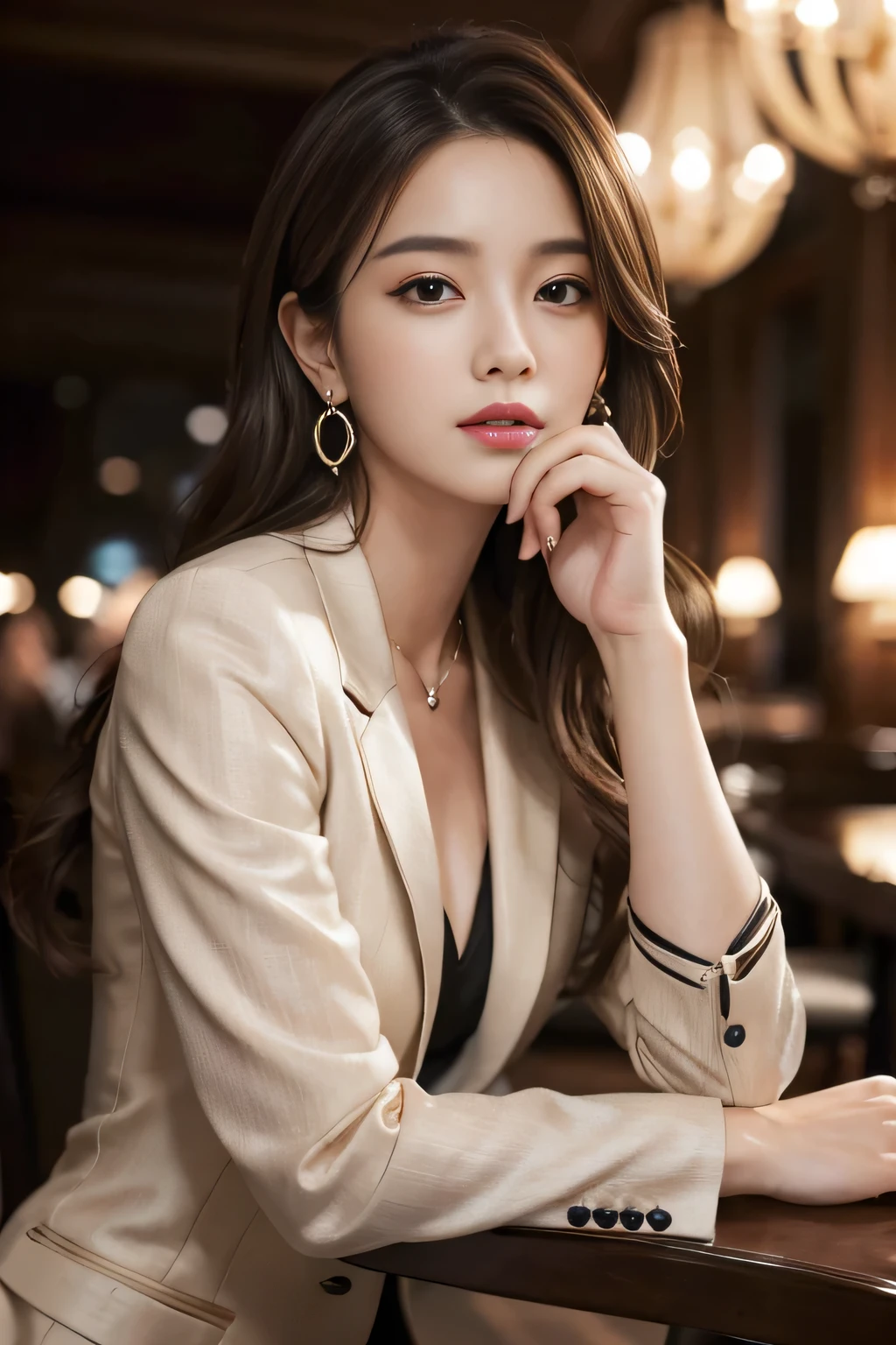 masterpiece, Highest quality, Realistic, Very detailed, Finer details, High resolution, 8k wallpaper, One beautiful woman, Wear a nice suit, In a great restaurant, At night, Light brown messy hair, Perfect dynamic composition, Beautiful and beautiful eyes、Big earrings、Sit on a chair、