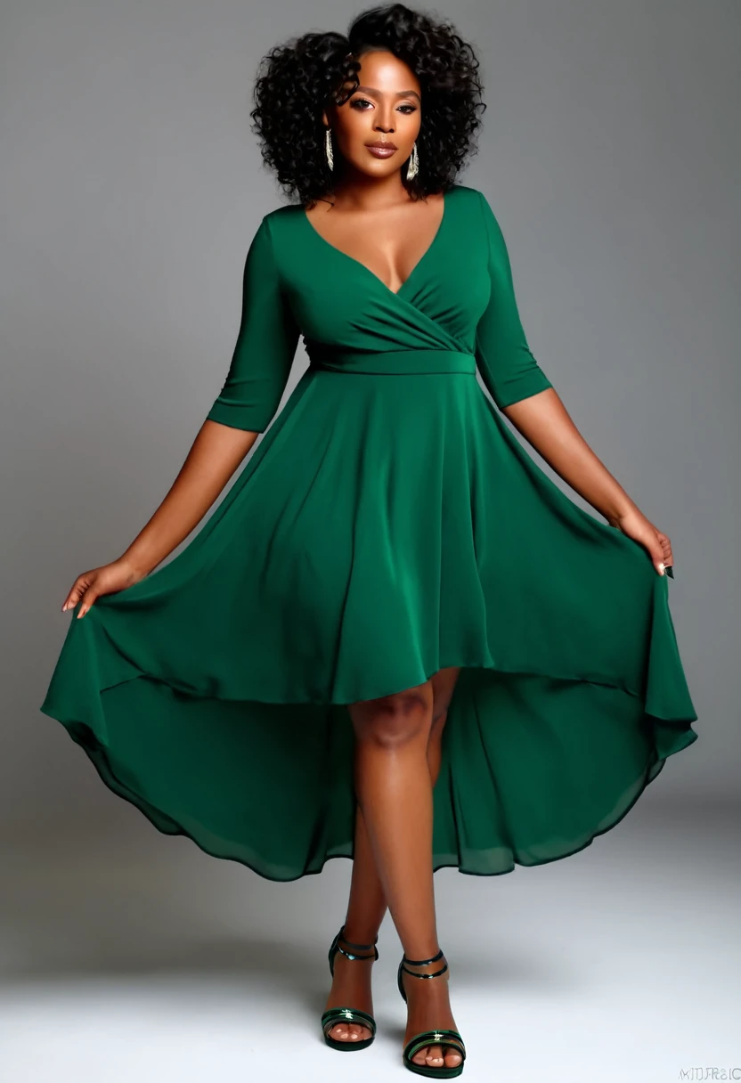 extremely beautiful black woman wearing a gorgeous dark emerald green dress and beautiful sandals, 4K, HD, photo-realistic