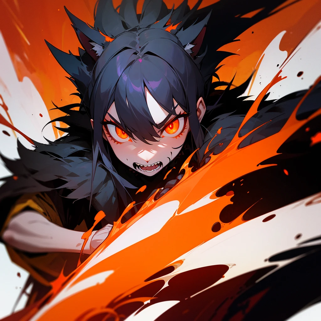 beast, Blood Splatter, Covered in fur, looking menacingly at camera with orange eyes, fire on background