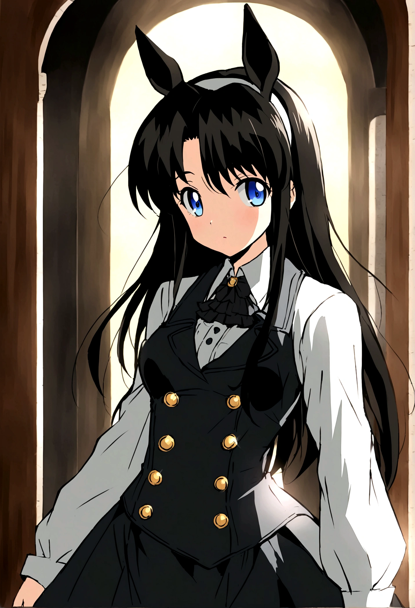 Anime girl with long black hair and blue eyes, Anime Moe Art Style, Gothic maiden anime girl, Gap Moe Yandere Grim Dark, Basic trench coat（Buttons are not tightened）　 Ghostly eyes and dark hair, 1 7 - Year Old Anime Girl, ufotable&#39;s art style, by Hitoshi Homura, Fate-like anime style/Stay Night, Long Hair Anime Girl　Light blue eyes　Horse ears　Horse Girl