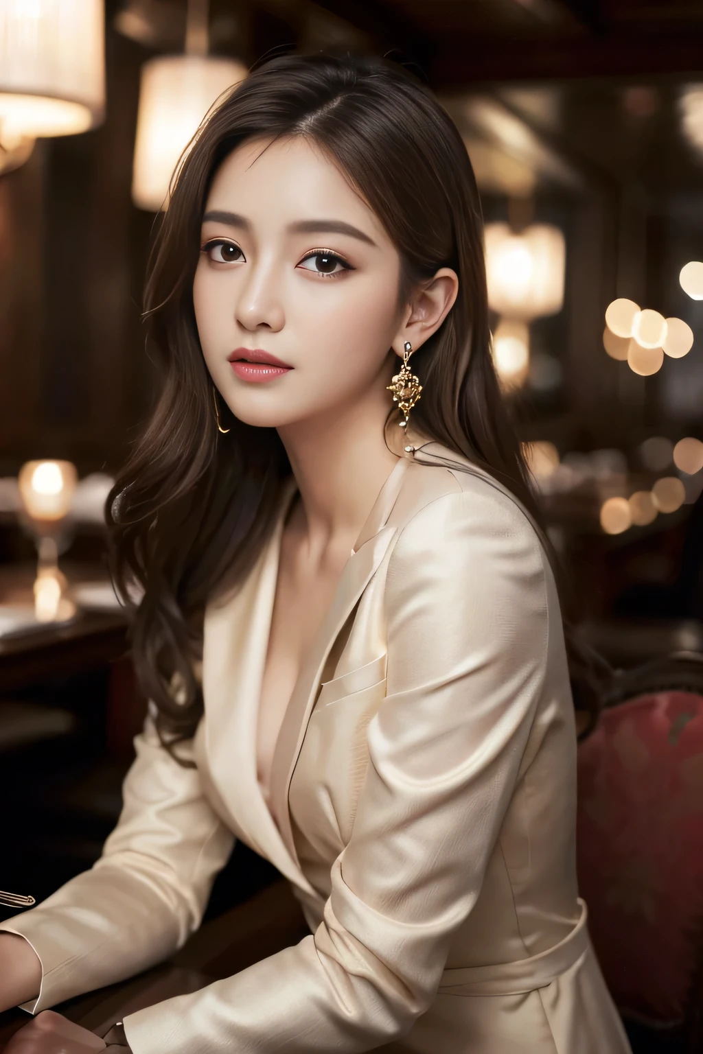 masterpiece, Highest quality, Realistic, Very detailed, Finer details, High resolution, 8k wallpaper, One beautiful woman, Wear a nice suit, In a great restaurant, At night, Light brown messy hair, Perfect dynamic composition, Beautiful and beautiful eyes、Big earrings、Sit on a chair、