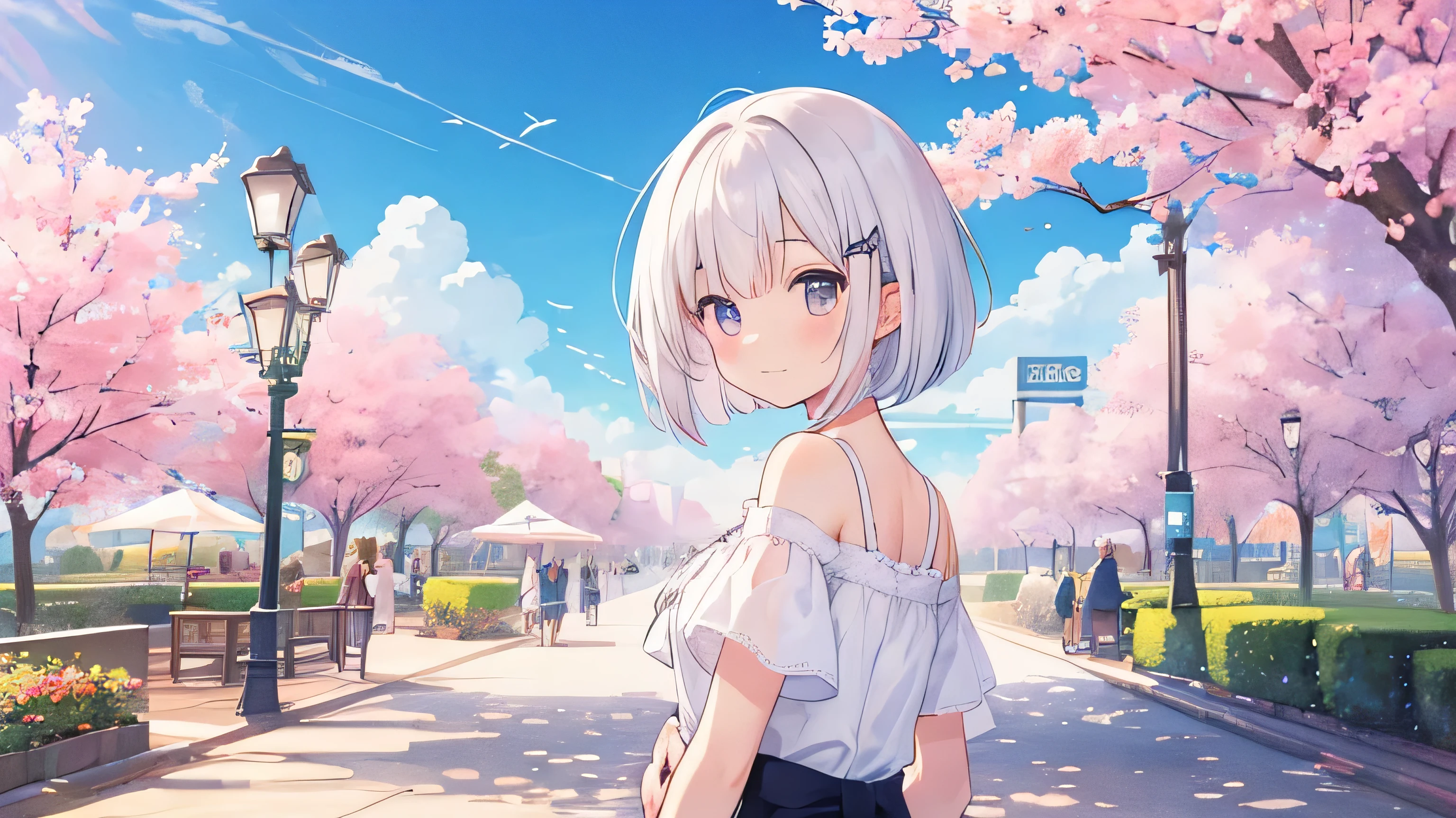 best quality,light smile,bob cut,medium hair,white hair,amusement park,in the noon,sunny,springbackground,anime,watercolor,1girl,sakura,