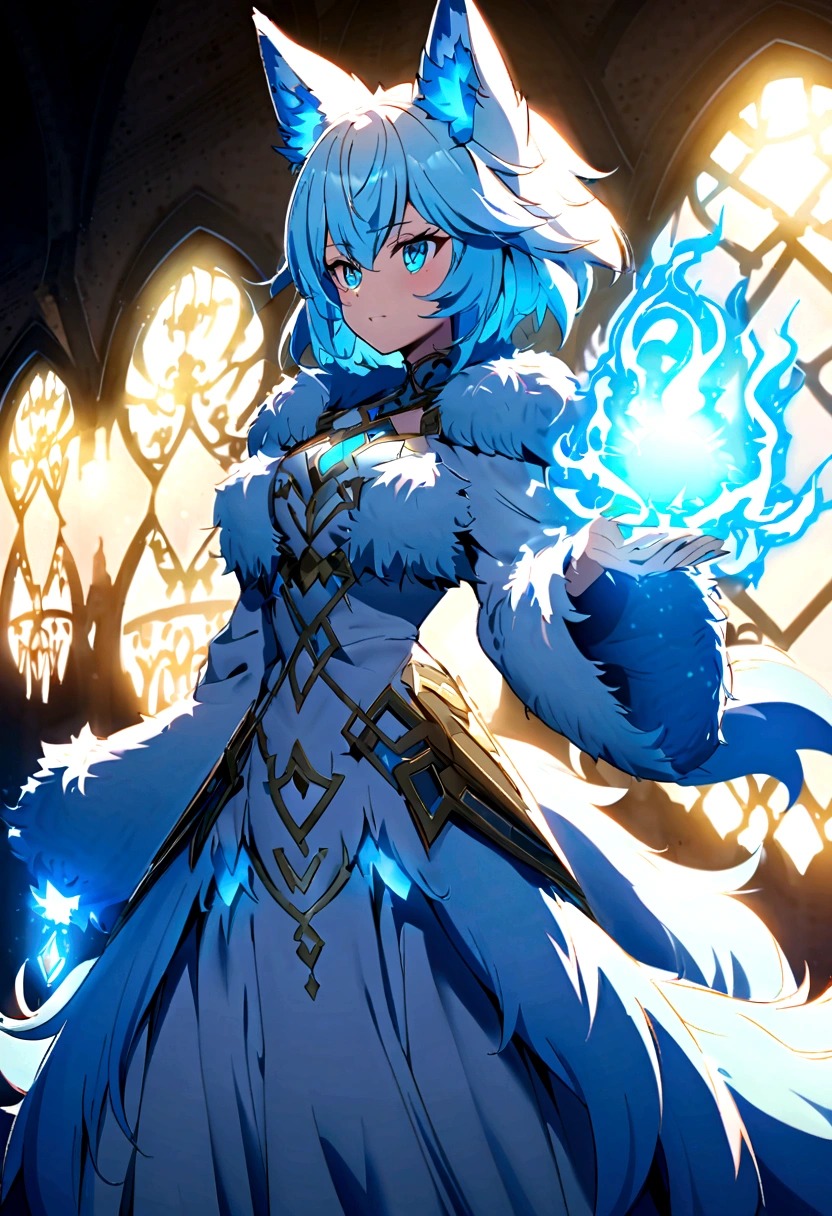 fox Light blue hair 　beast girl　indigo fur　fox beast girl　Anime Style　fox　blue　White-faced golden-haired nine-tailed fox　Coat blue　　　mysterious background　Blue Flame　girl　have a ball of light　fox Light blue hair 　beast girl　indigo fur　fox beast girl