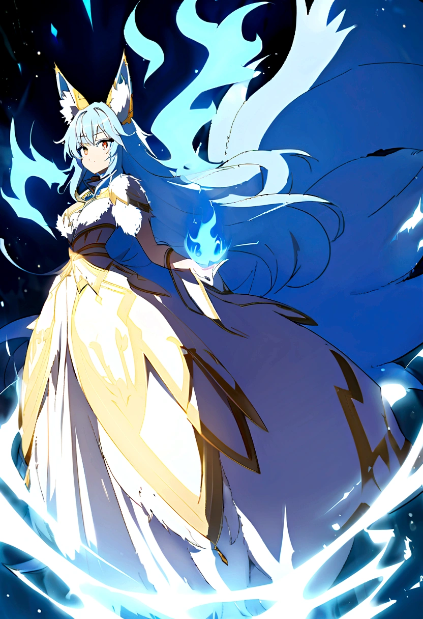 fox Light blue hair 　beast girl　indigo fur　fox beast girl　Anime Style　fox　blue　White-faced golden-haired nine-tailed fox　Coat blue　　　mysterious background　Blue Flame　girl　have a ball of light　fox Light blue hair 　beast girl　indigo fur　fox beast girl