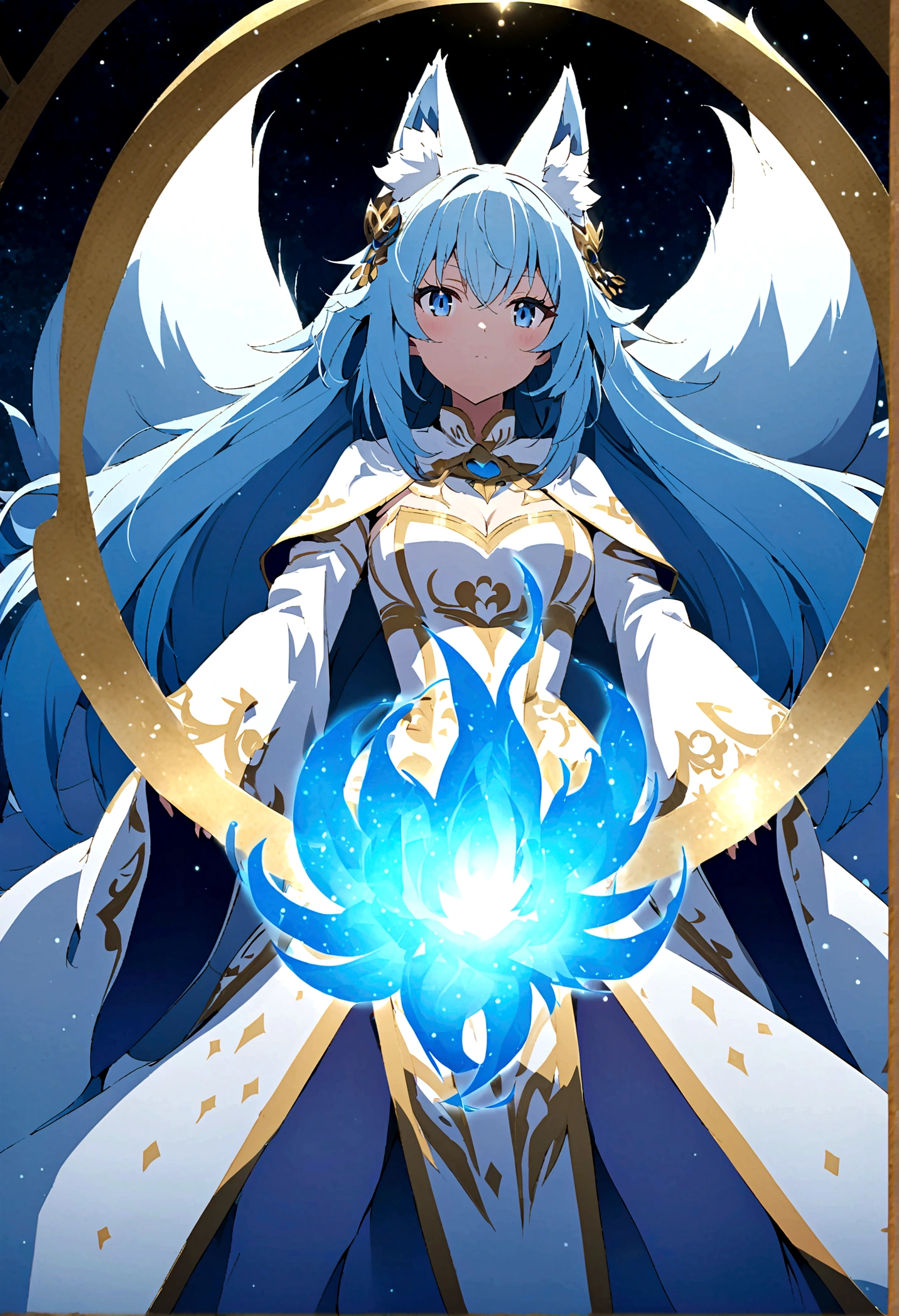 fox Light blue hair 　beast girl　indigo fur　fox beast girl　Anime Style　fox　blue　White-faced golden-haired nine-tailed fox　Coat blue　　　mysterious background　Blue Flame　girl　have a ball of light　fox Light blue hair 　beast girl　indigo fur　fox beast girl