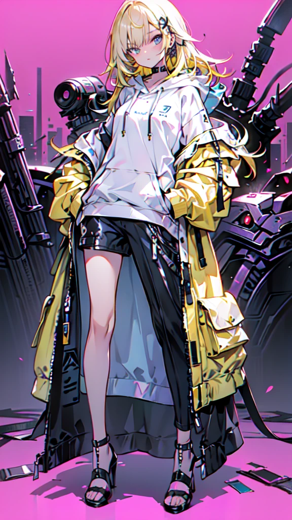 A girl with long yellow hair., Blue eyes, wearing an orange hoodie and black heels, in a cyberpunk environment with your hand in your pocket, Pink background