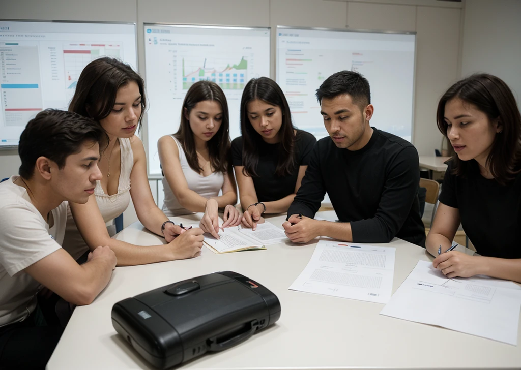 create the image of a table with various papers and graphs and several professional men and women around this table, discussing the creation of a new project for a company