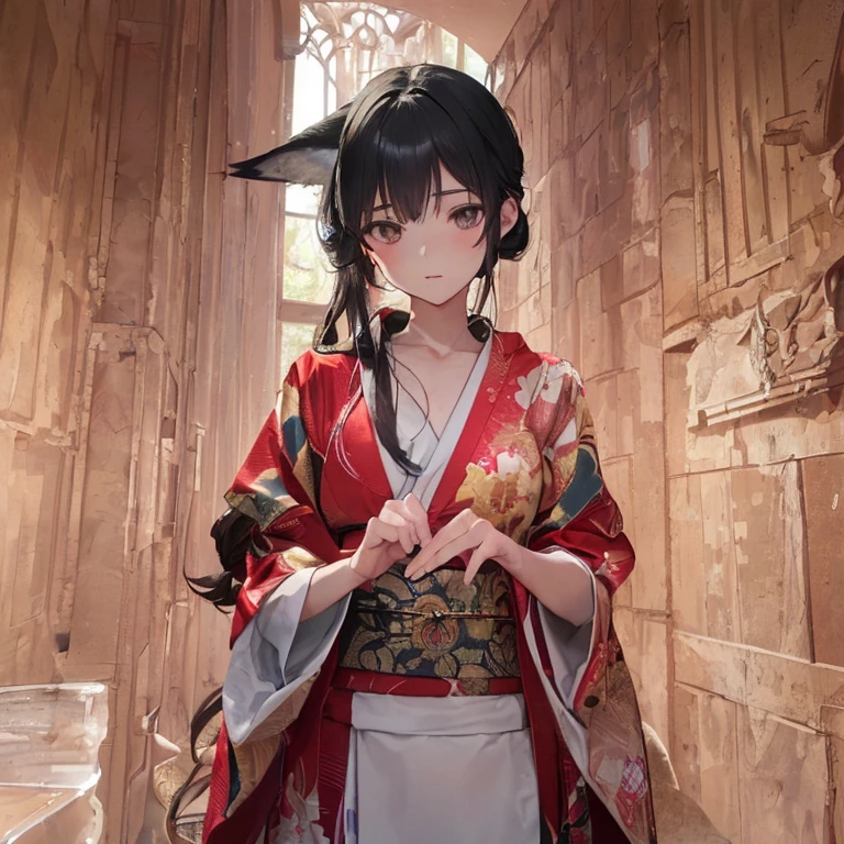 (Fox Girl, Fox Ears, Black colored hair, Fox Makeup, One Girl, Long Hair:1.6), (kimono, Kimono with open chest, A beautiful kimono with red and black patterns, I can see her cleavage, Open chest, Exposed skin:1.8), (Body measurements are 75-60-75!, Young girl body, Small breasts, Small breasts, Emphasize the chest, Knees are slightly visible, Muscular, Abdominal muscles, Hide your own chest with your hands:1.9), Avatar, face, lewd face, Dominant representation, naughty face, Uplifting, Skin Texture, outside, Grassy field