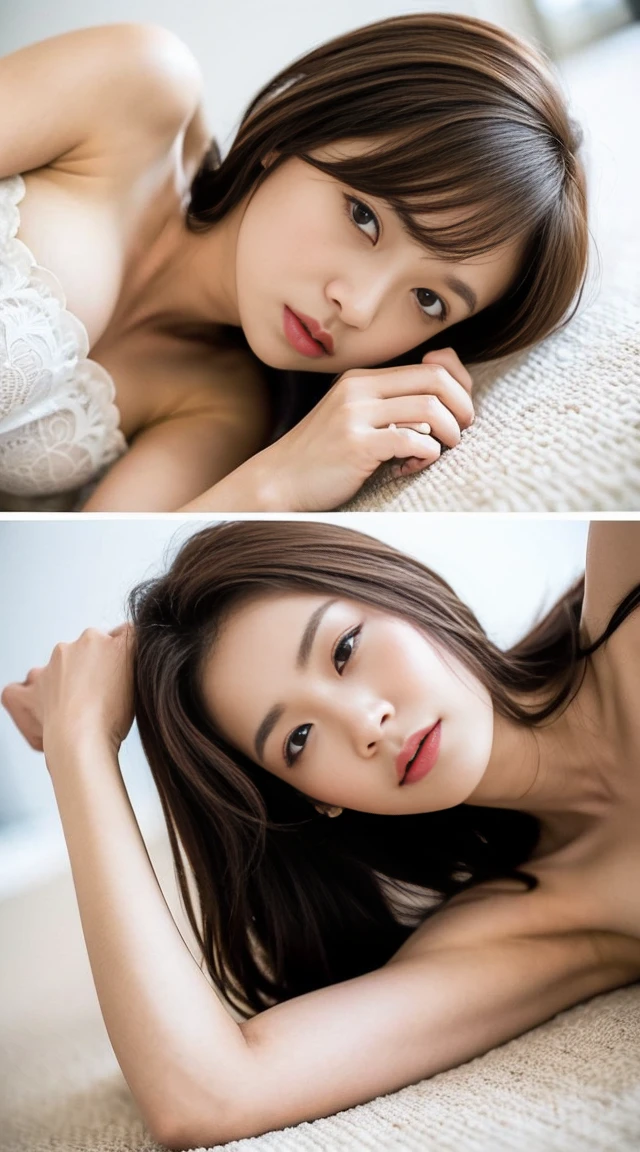 Dark brown hair、Light brown eyes、Japanese actress、 Lady、I am about 40 years old....、(Intricate details:1.2)、(Which is the top????:1.4)、 (Ultra-high resolution:1.2)、Ultra-high resolution、(Finely tuned)、(Detailed facial features)、Hmph、8K resolution、D cup size breasts、Long Hair、Updostyle, Updo、Hair Bun、1 Girl, Deep sorrowの表情, (Very detailed美しい顔), (camisole:1.5), (Bare shoulders:1.3), (Highest quality:1.4), (Very detailed)、Beautiful fair skin with transparency, Are sleeping、Sleeping on the floor、Top View、 Spread your legs wide, Please open your mouth a little、Her legs are visible through the dress、Deep sorrow、Pose of Weakness、Obscene pose、White floor、White wall、The morning sun shines in、Sleep on your side。