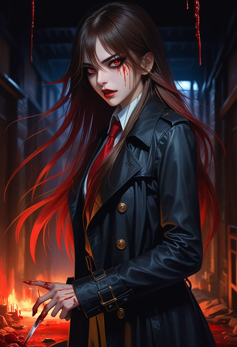 (masterpiece), (best quality), (Extremely detailed), (Best Illustration Award),(The best shadow), 一个美丽的吸Blood鬼 ,(Sharp eyeliner, Eyeshadow, Exquisite eyes:1.1),(Black trench coat), Long hair, Red Eyes, Fangs, Blood,, In a dark environment.