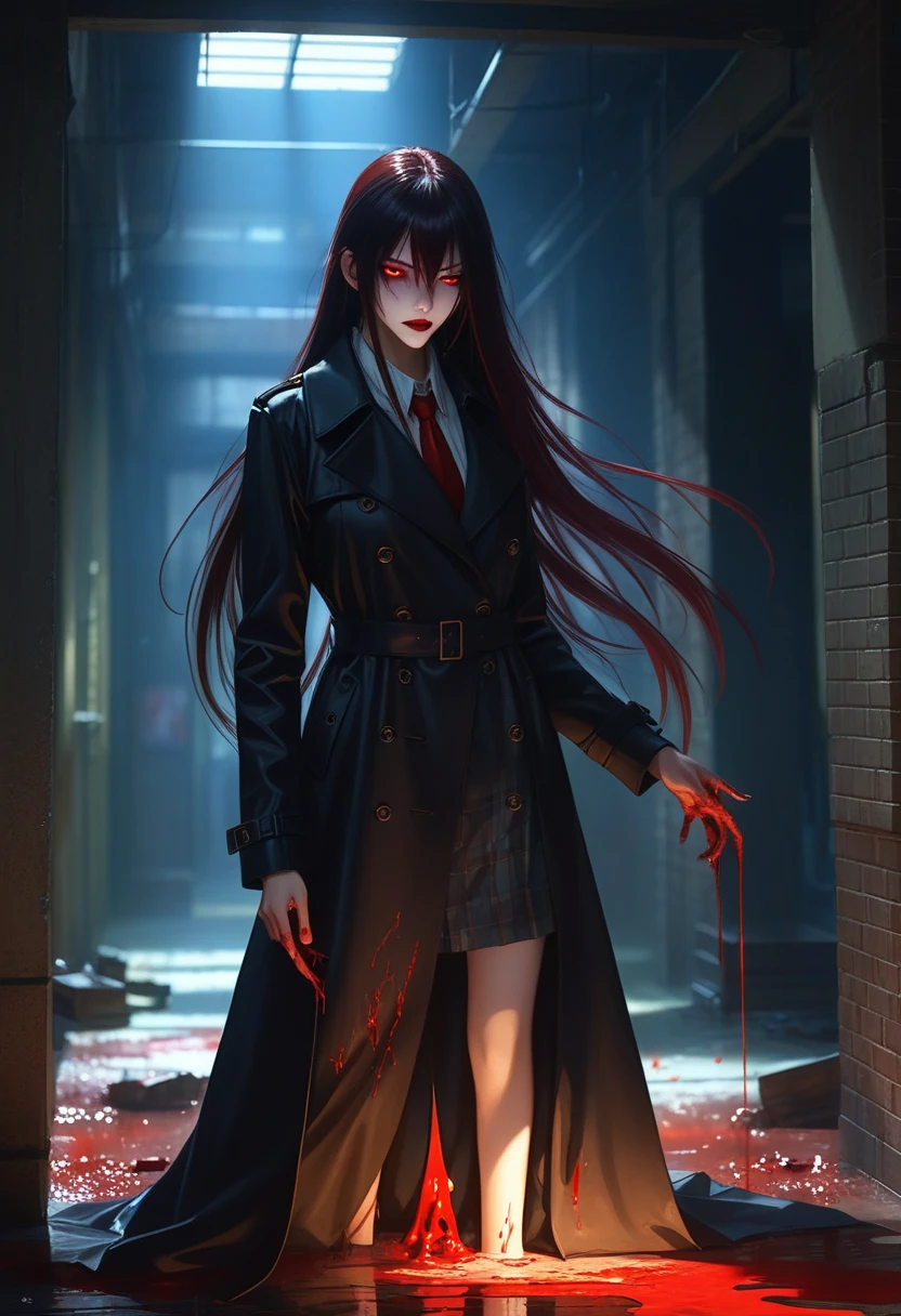 (masterpiece), (best quality), (Extremely detailed), (Best Illustration Award),(The best shadow), 一个美丽的吸Blood鬼 ,(Sharp eyeliner, Eyeshadow, Exquisite eyes:1.1),(Black trench coat), Long hair, Red Eyes, Fangs, Blood,, In a dark environment.