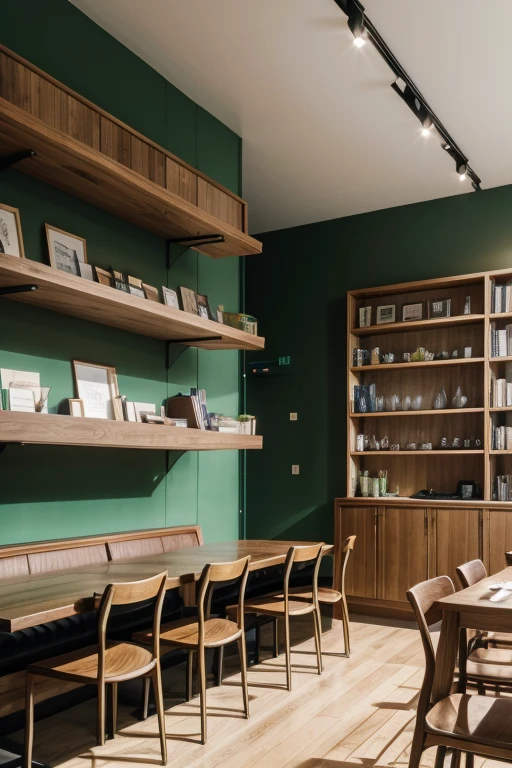 create a restaurant, with brown tables and chairs with gold details, matte green walls, bookshelf with books, study area
