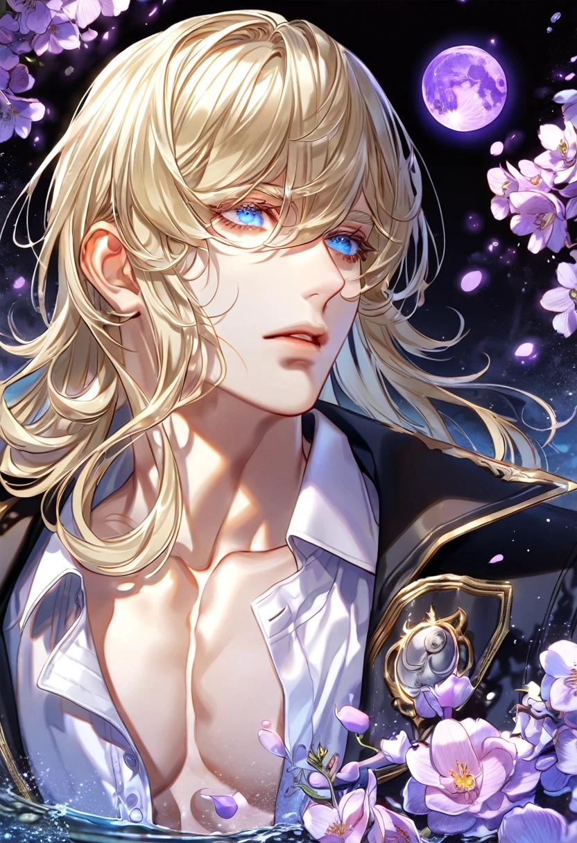 absurdres, highres, ultra detailed, HDR, master piece, best quality, Frankenstein, silky blond hair, medium hair, expressive blue eyes, Noblesse, sexy man, solo, handsome, black coat, white shirt, fantasy, purple flowers, blossoms, magical, purple petals, purple moon, water, fireflies