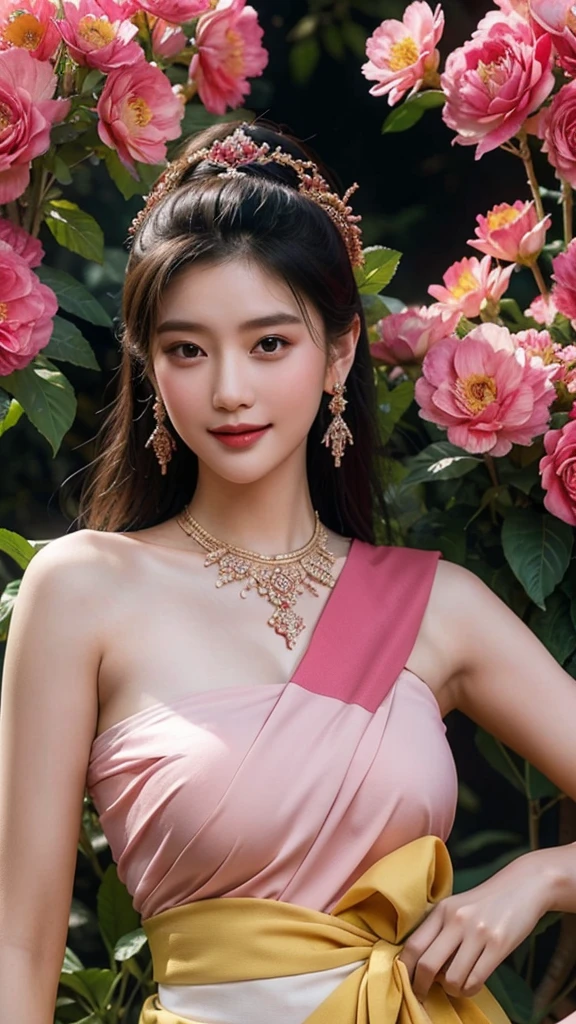 ((masterpiece)),upper body : lady Nang Kwak, Thai girl in a traditional Thai dress, magenta, with a fine pattern. ,Beautiful smile, Take a walk and admire beautiful, colorful flowers. ,The face is beautiful, sharp and realistic., Big, beautiful breasts, Hip fart,Wear luxurious ruby gemstone jewelry.,Professional Poses, Eyes on the audience,realistic 8K,