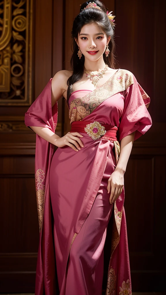 ((masterpiece)),upper body : lady Nang Kwak, Thai girl in a traditional Thai dress, magenta, with a fine pattern. ,Beautiful smile, Take a walk and admire beautiful, colorful flowers. ,The face is beautiful, sharp and realistic., Big, beautiful breasts, Hip fart,Wear luxurious ruby gemstone jewelry.,Professional Poses, Eyes on the audience,realistic 8K,