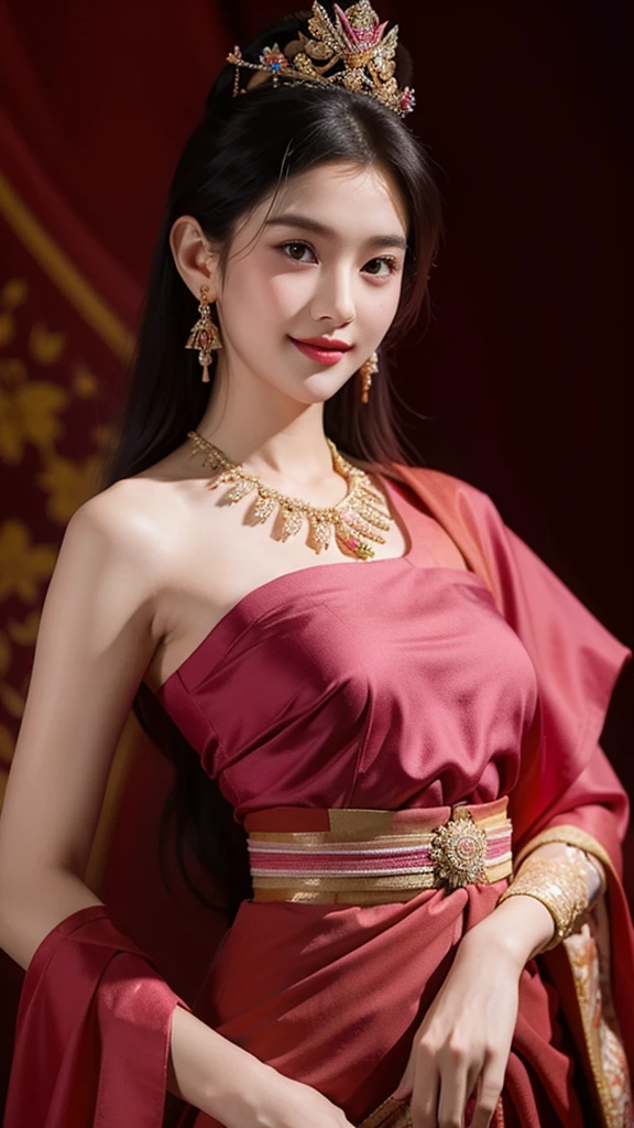 ((masterpiece)),upper body : lady Nang Kwak, Thai girl in a traditional Thai dress, magenta, with a fine pattern. ,Beautiful smile, Take a walk and admire beautiful, colorful flowers. ,The face is beautiful, sharp and realistic., Big, beautiful breasts, Hip fart,Wear luxurious ruby gemstone jewelry.,Professional Poses, Eyes on the audience,realistic 8K,