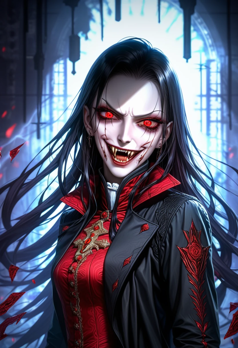 (Extremely detailed CG unity 8k wallpaper),(masterpiece), (best quality), (Extremely detailed), (Best Illustration Award),(The best shadow), 一个美丽的吸Blood鬼 ,(Sharp eyeliner, Eyeshadow, Exquisite eyes:1.1),(Black trench coat), Long hair, Red Eyes, Fangs, Blood,, In a dark environment.