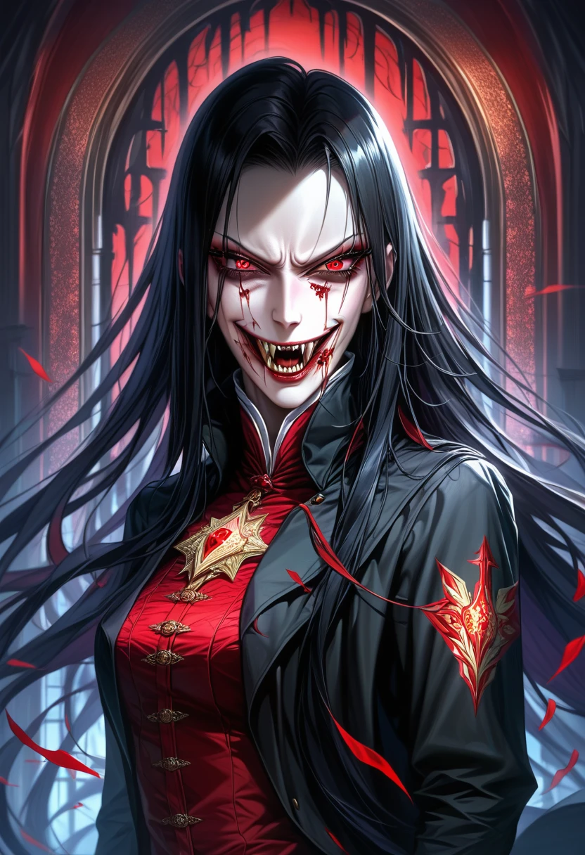 (Extremely detailed CG unity 8k wallpaper),(masterpiece), (best quality), (Extremely detailed), (Best Illustration Award),(The best shadow), 一个美丽的吸Blood鬼 ,(Sharp eyeliner, Eyeshadow, Exquisite eyes:1.1),(Black trench coat), Long hair, Red Eyes, Fangs, Blood,, In a dark environment.