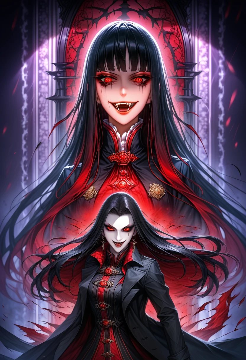 (Extremely detailed CG unity 8k wallpaper),(masterpiece), (best quality), (Extremely detailed), (Best Illustration Award),(The best shadow), 一个美丽的吸Blood鬼 ,(Sharp eyeliner, Eyeshadow, Exquisite eyes:1.1),(Black trench coat), Long hair, Red Eyes, Fangs, Blood,, In a dark environment.